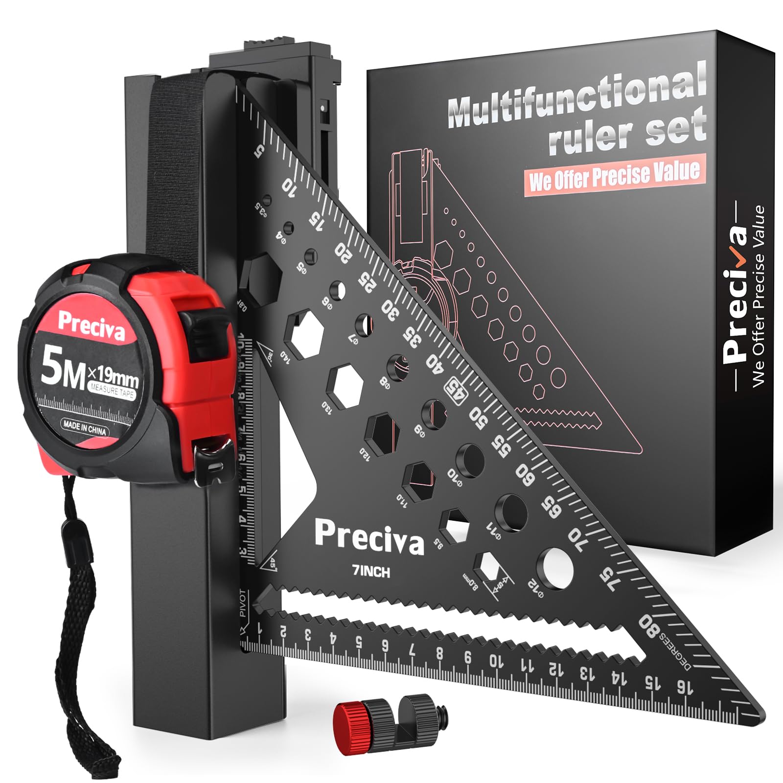 Preciva Speed Square 18cm with Angle Locator & Hex Nut Finder, Set Square Carpentry Kit with 5m Tape Measure and Storage Tool