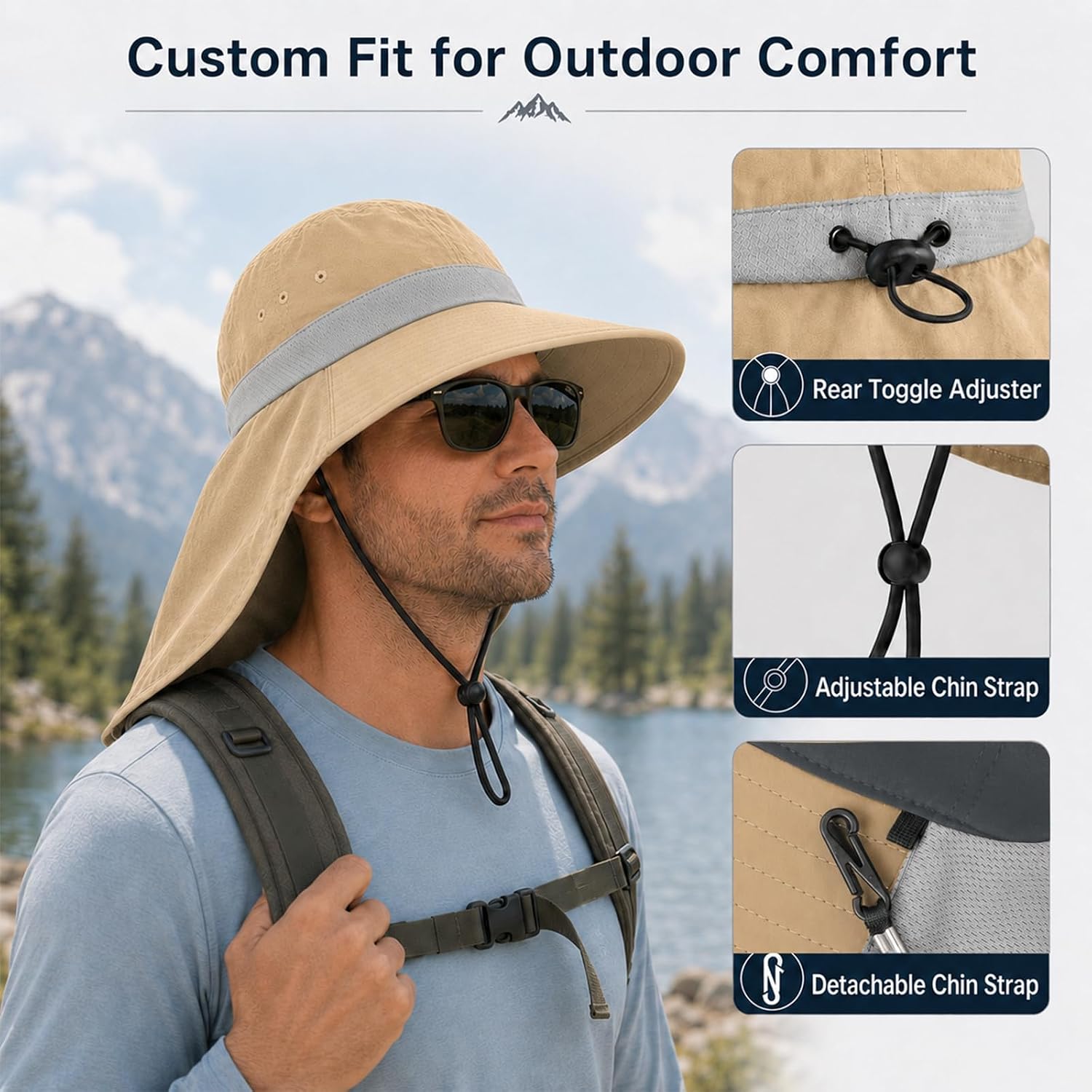 Palmyth Fishing Hat UPF 50+ Sun Hat Wide Brim Neck Flap Breathable Mesh Safari Hat UV Protection for Men Women
