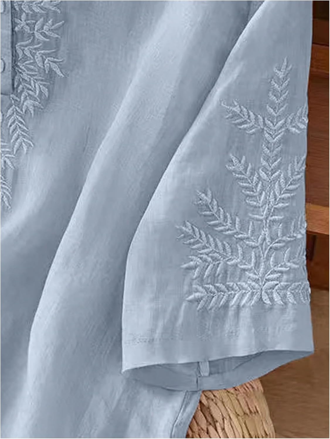 MakeMeChic Women's Boho Blouses Notch V Neck Embroidery 3/4 Sleeve Shirt Tops - Image 3