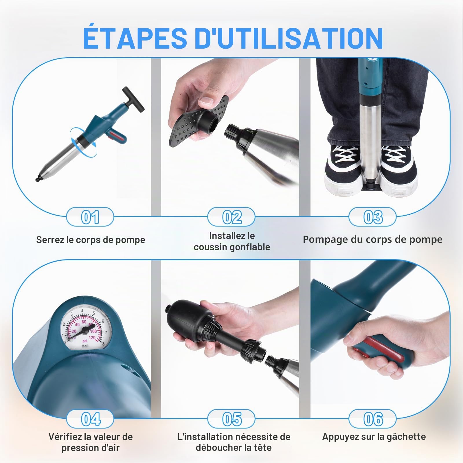 Déboucheur de canalisations à air comprimé, pompe avec indicateur de pression d'air, pompe de nettoyage de canalisations à air comprimé avec 4 ventouses, gants et pince à griffes, pour WC, toilettes