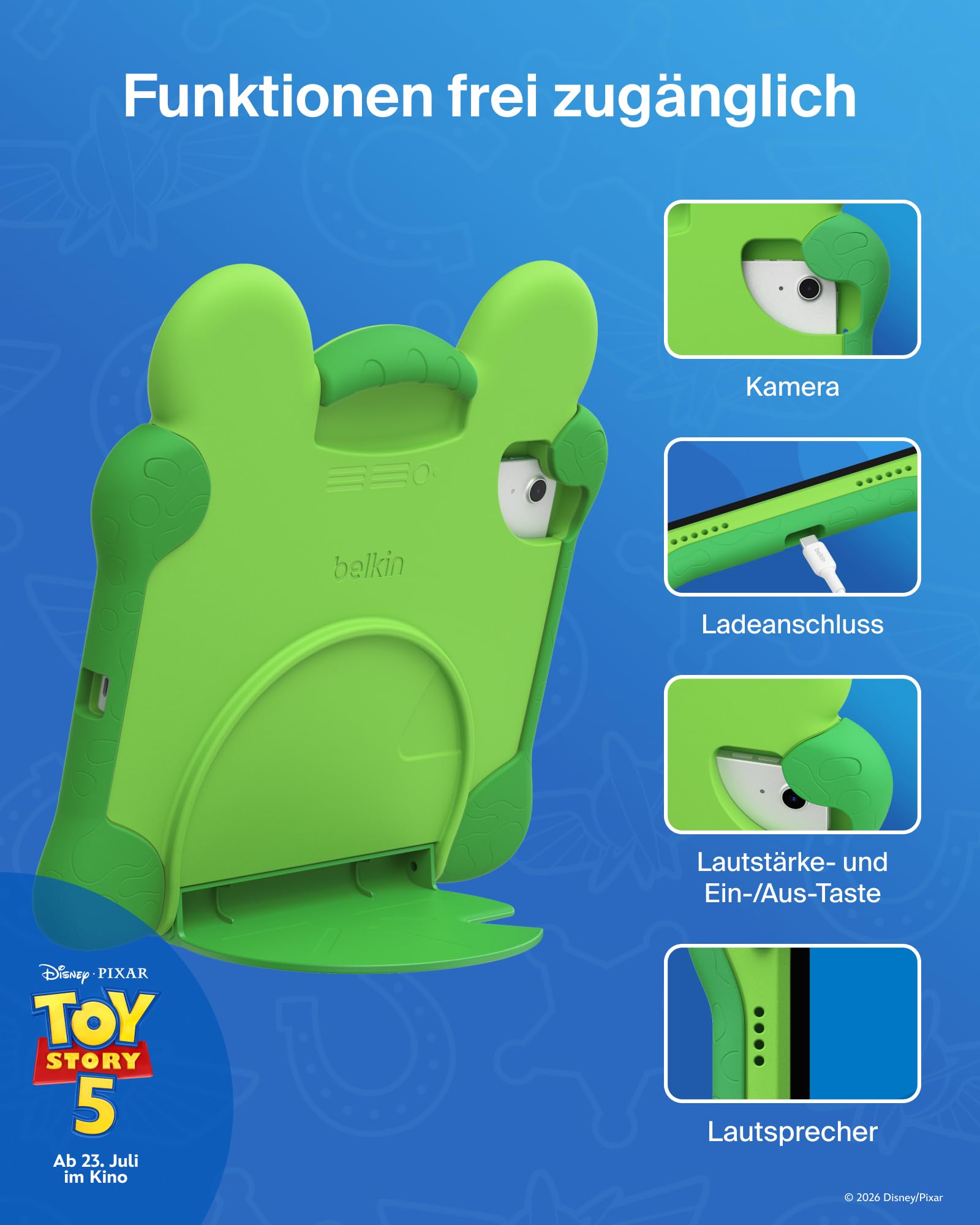 Belkin Disney und Pixar iPad A16 Hülle inspiriert von Lilypad aus Toy Story 5 (11. Generation 2025, 11" / 10. Generation 2022, 10,9"), Stoßfest, Robust, Ungiftig, Tablethülle mit Ständer und Griff