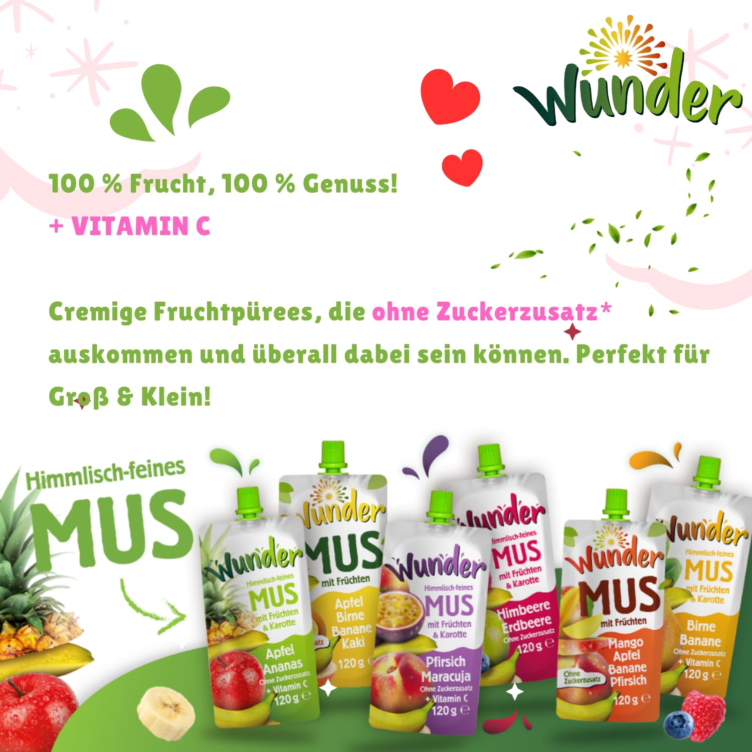 WUNDER Quetschie Mus 12 x 120g Himbeere, Erdbeere, Blaubeere mit Vitamin C, ohne Zuckerzusatz