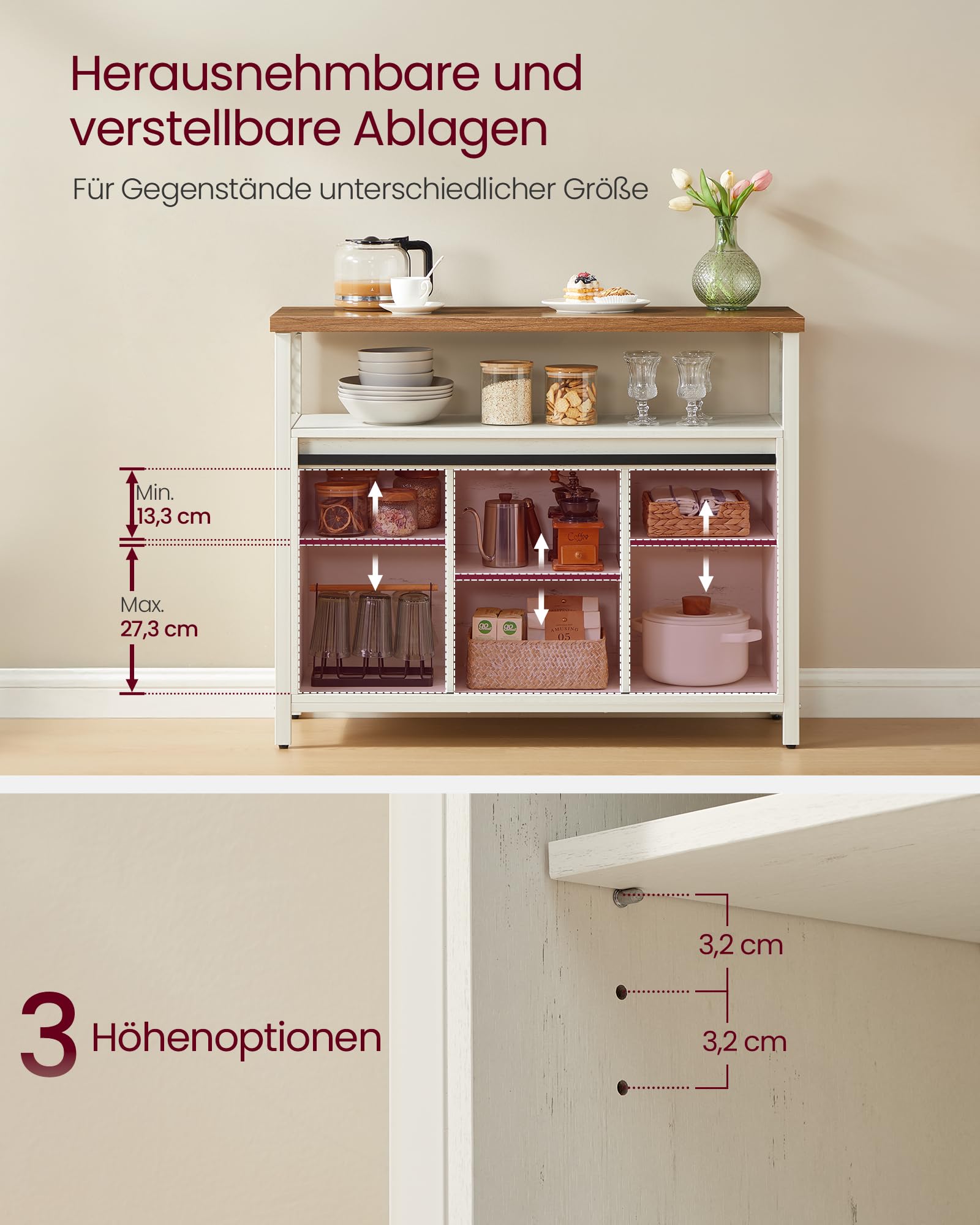 VASAGLE Sideboard, Küchenschrank, Aufbewahrungsschrank, mit 2 Schiebetüren, 33 x 100 x 80 cm, verstellbare Ablagen, für Wohnzimmer, wolkenweiß-honigbraun LSC092W01