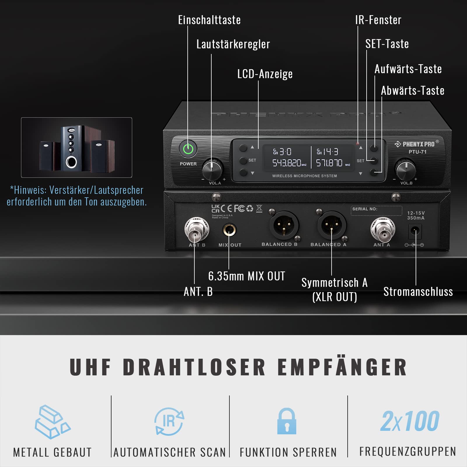 Phenyx Pro Funkmikrofon-System UHF Dual Auto Scan PTU-71-2B | 2 Bodypacks, 2 x 100 Frequenzen, 328 ft Reichweite, Freihand-Sprechen, Live-Gesang, Gottesdienste, DJ-Sets