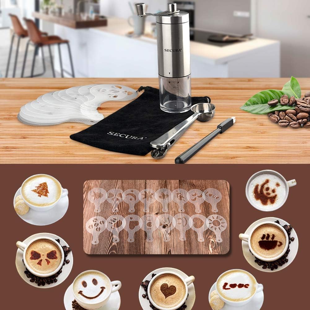 Secura Manual Coffee Grinder,Conical Ceramic Burr Coffee Mill, Kitchen Travel Stainless Steel Coffee Bean Grinder with Extra 16 Printing Stencils, Cleaning Brush, Coffee Scoop and Travel Storage Bag