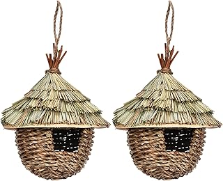 2 Pack Grass Woven Bird House, Hummingbird Houses for Outside Hanging for Nesting with Hemp Rope for Garden Patio Lawn Office Indoor Outdoor