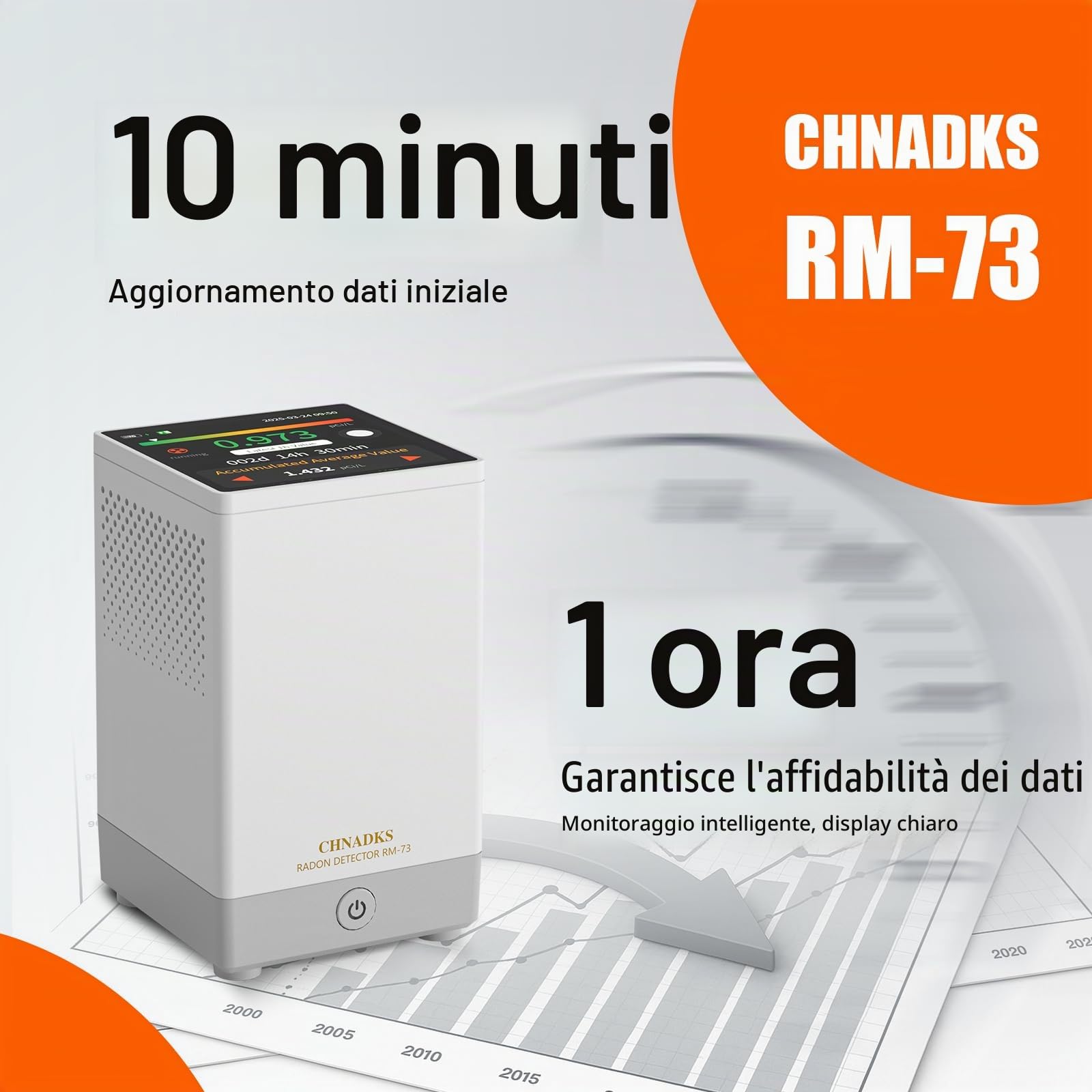 RM-73 Rilevatore di radon, con allarme sonoro e visivo, schermo LCD a colori touch, per il monitoraggio a lungo termine della concentrazione di radon in casa o in cantina, in Bq/m³ o pCi/L
