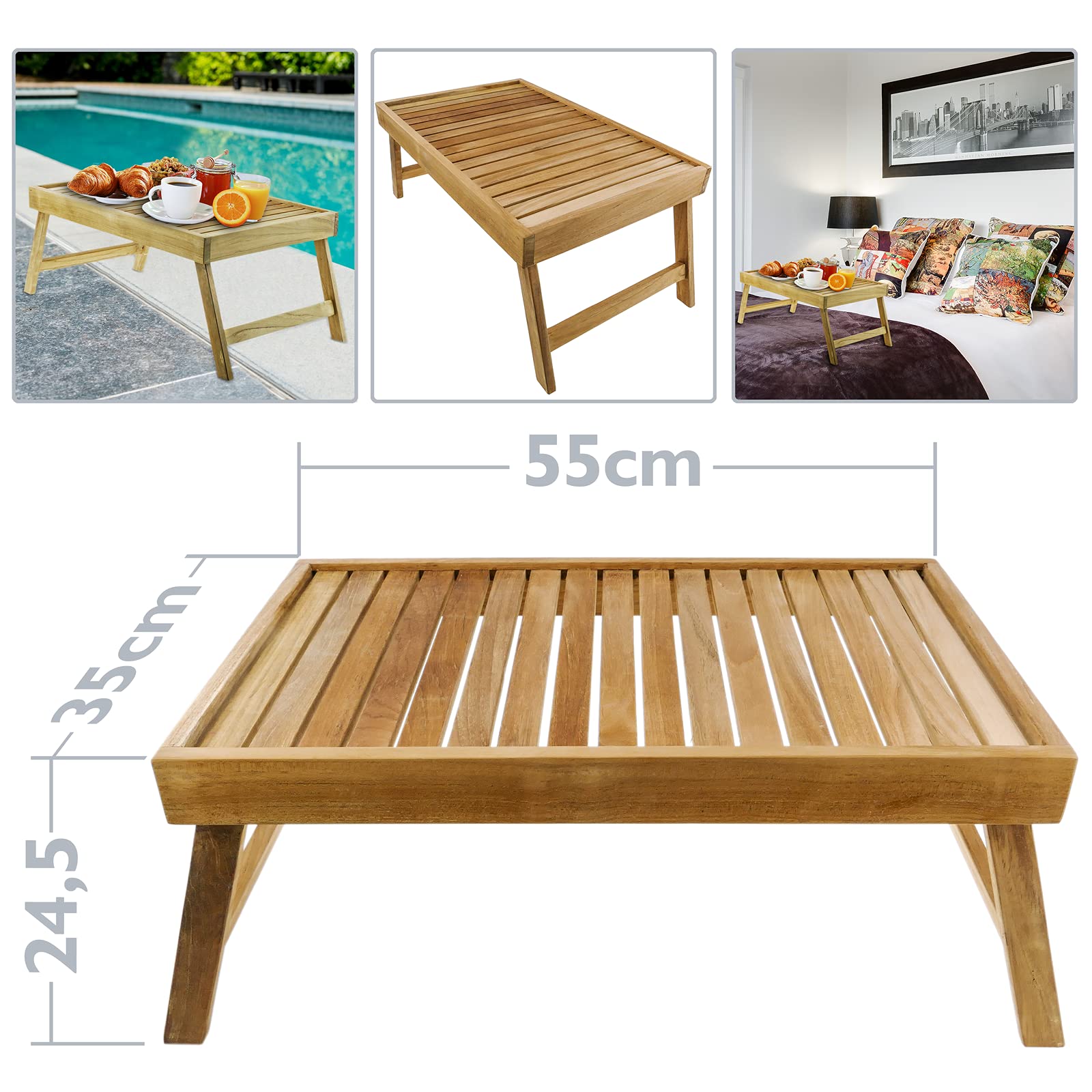 PrimeMatik - Bandeja para Cama 55 x 35 x 5 cm Plegable de Madera de Teca certificada