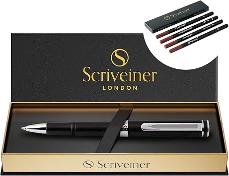 Scriveiner Black Rollerball EDC Luxury Pen, Stunning Pocket Pen with Chrome Finish, bundle with Rollerball Refill Black Medium - 4 Rollerball Refills in one box