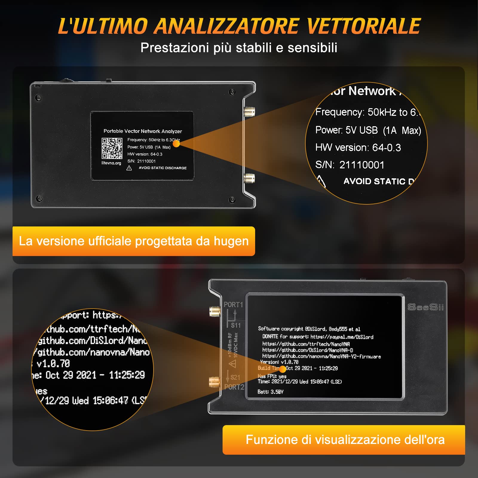Seesii LiteVNA Analizzatore di Rete Vettoriale 50kHz-6,3GHz Aggiornato, 4'' Analizzatore di Antenna con Slot MicroSD, Misurare i Parametri S HF VHF UHF SWR Ritardo di Fase Smith Chart