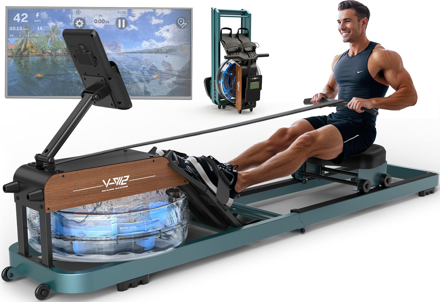 wasserrudergerät für zuhause mit bluetooth monitor klappbar und verstellbarem tablet halter bis 160 kg