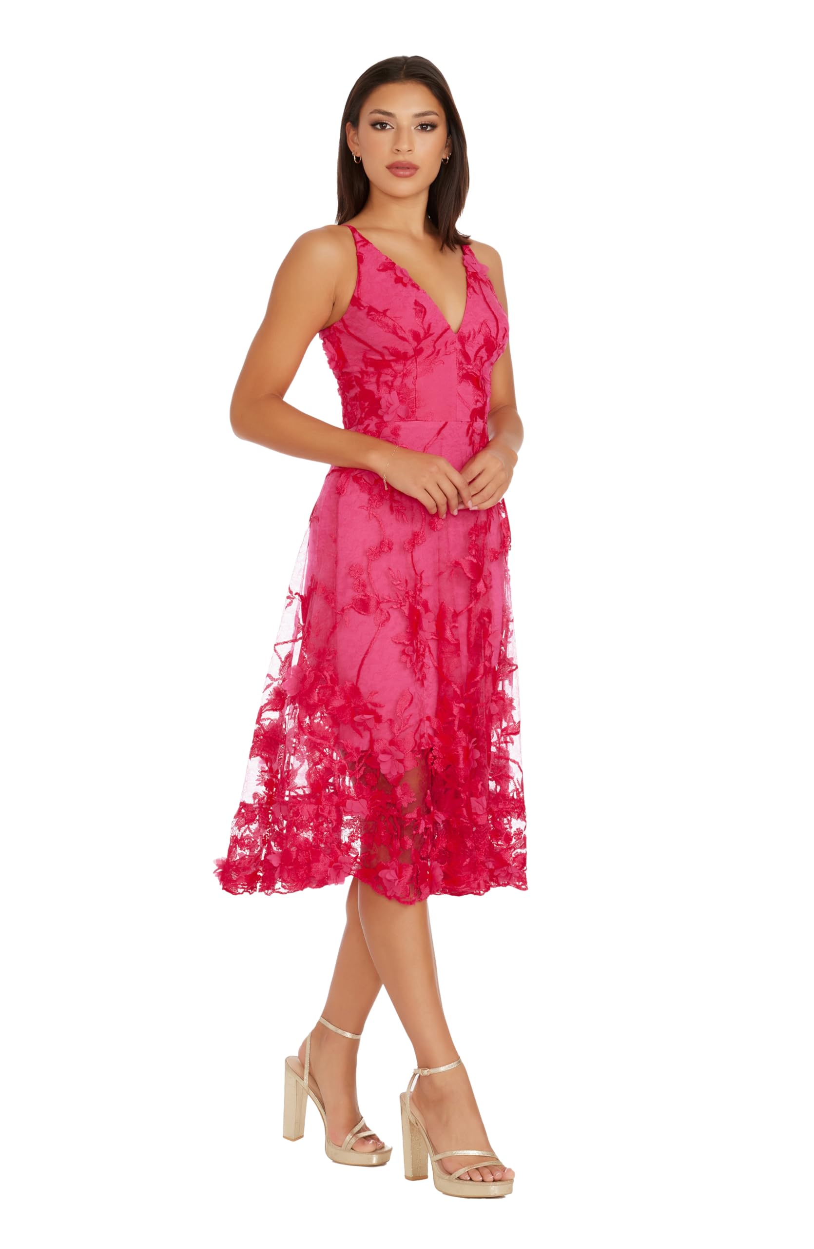 Dress The Population Womens Audrey Spaghetti Strap Midi A-line 3D Floral Dress: Small Begonia