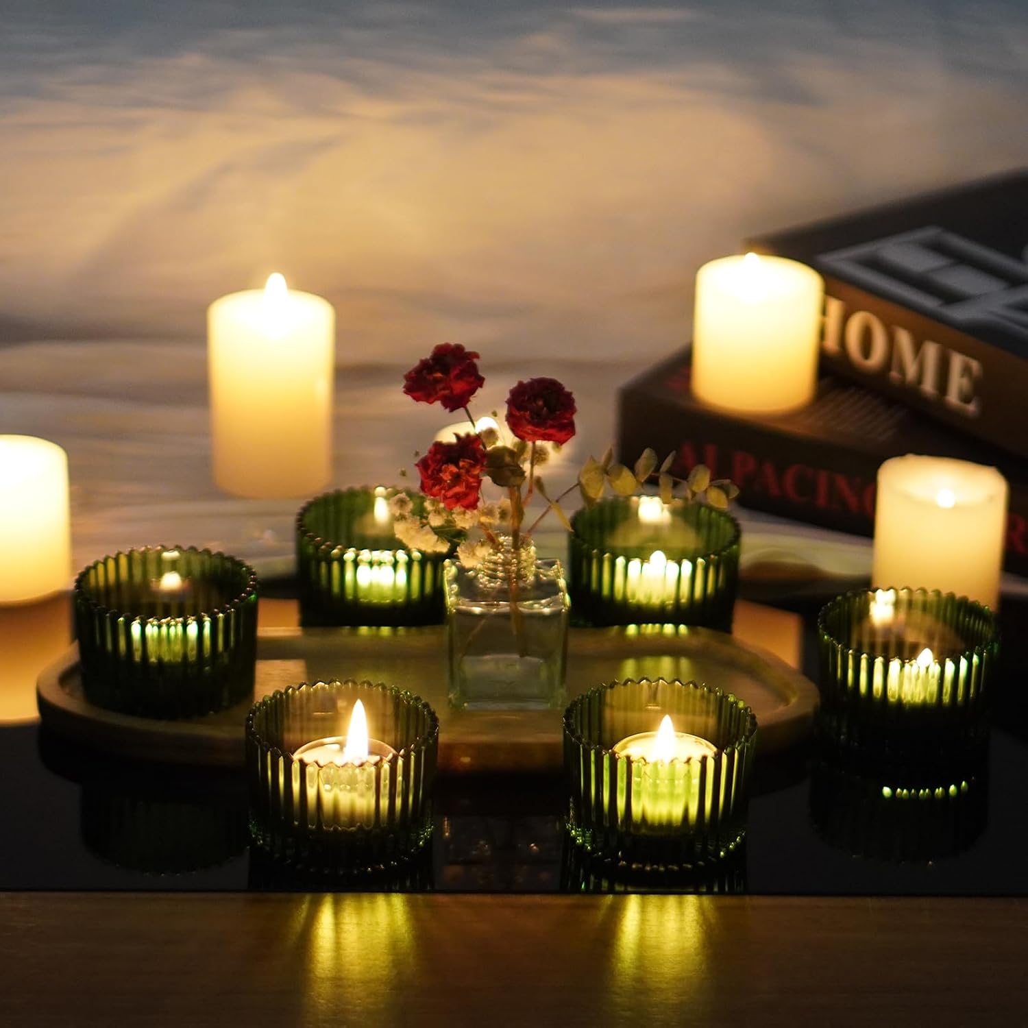 Glass Candle Tray 6 Pack Round Candle Holder Tealight Holders,Green