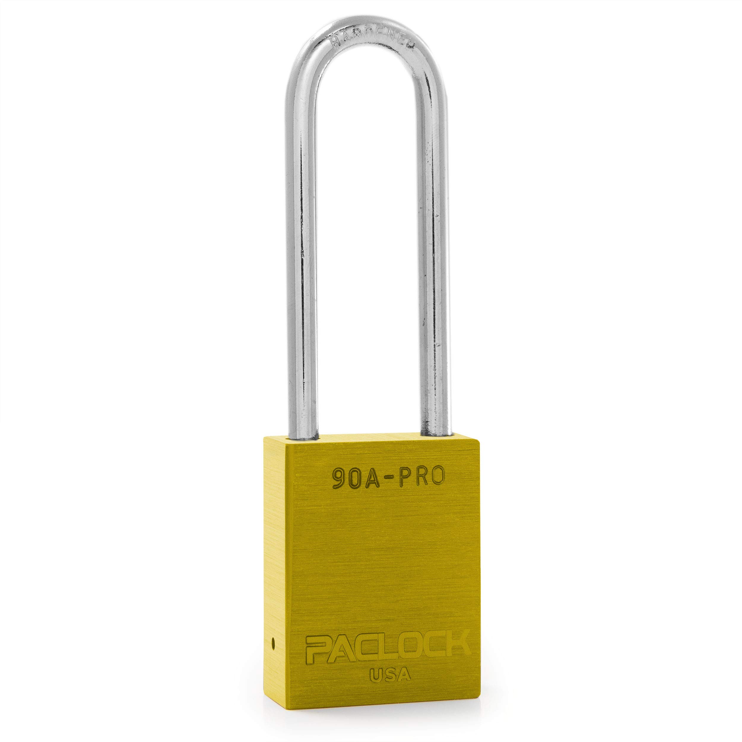 PACLOCK's 90A-PRO Padlock, 1/4" Diameter Hard. Steel Shackle, 3" Tall, High Performance 7-Pin Cylinder w/ 1 Key, Keyed Differently, Yellow