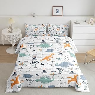 Homewish Dinosaur Comforter Set Queen Size Nature Volcano Palm Tree View Quilt Set Wild Animals Plants Bedding Set 3pcs for Kids Boys Teens Room Decor Stripes White Duvet Insert,2 Pillowcases