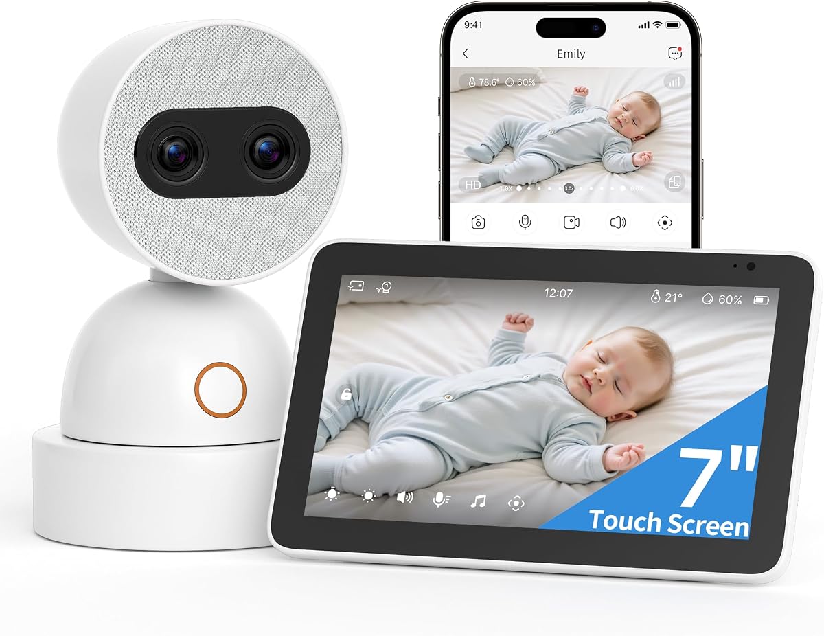 Video Baby Monitor with 2× 4MP Camera, 7" HD Touch Screen Wifi Smart Audio Monitor, 6x Optical Quality Zoom, App Remote Access, AI Tracking, Intelligence Detection, 32GB Local Storage | YM300new, 7" Easy Touch Screen, 4MP Dual Lenses, 6X Zoom, AI Cry Detection, Night Vision,No WiFi Option