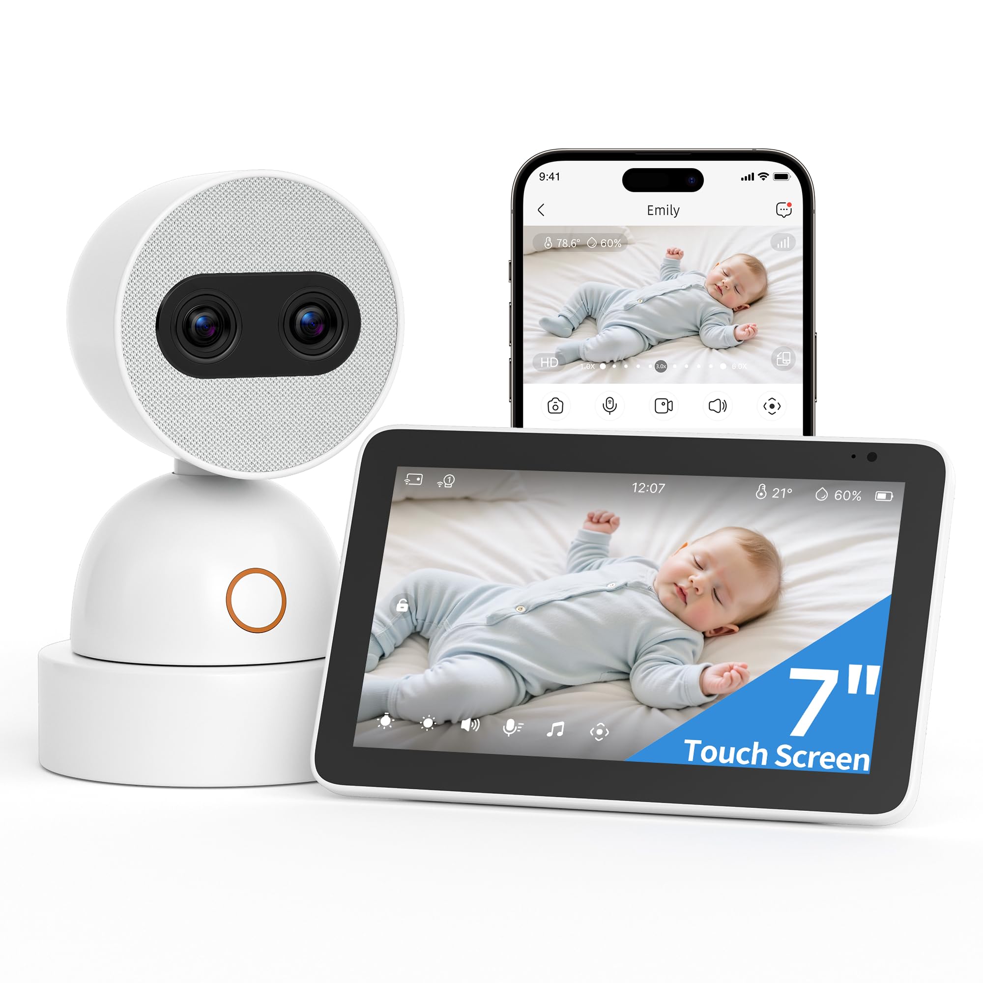 Simsky Split Screen Video Baby Monitor with Cameras, Dual 4MP Cameras with 6X Zoom, 7" UHD Touch Screen Portable Audio Baby Monitor 32GB Local Storage