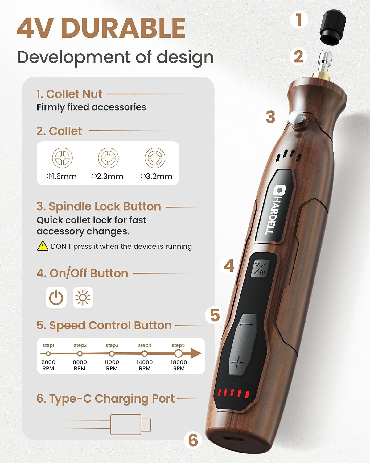 HARDELL Mini Cordless Rotary Tool,5-Speed 5000-18000RPM 2000mAh LED Light
