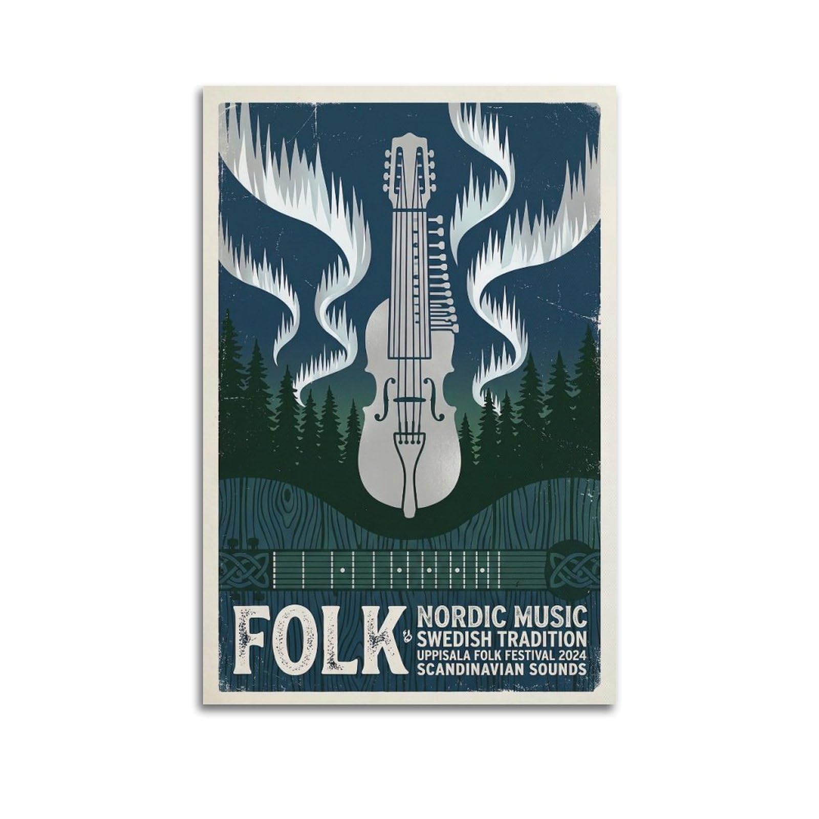 Okngb Unframe-Style Vintage Nordic Folk Music Poster Nyckelharpa Northern Lights Art Decorative Painting Canvas Art Picture 20X30inch(50X75cm)