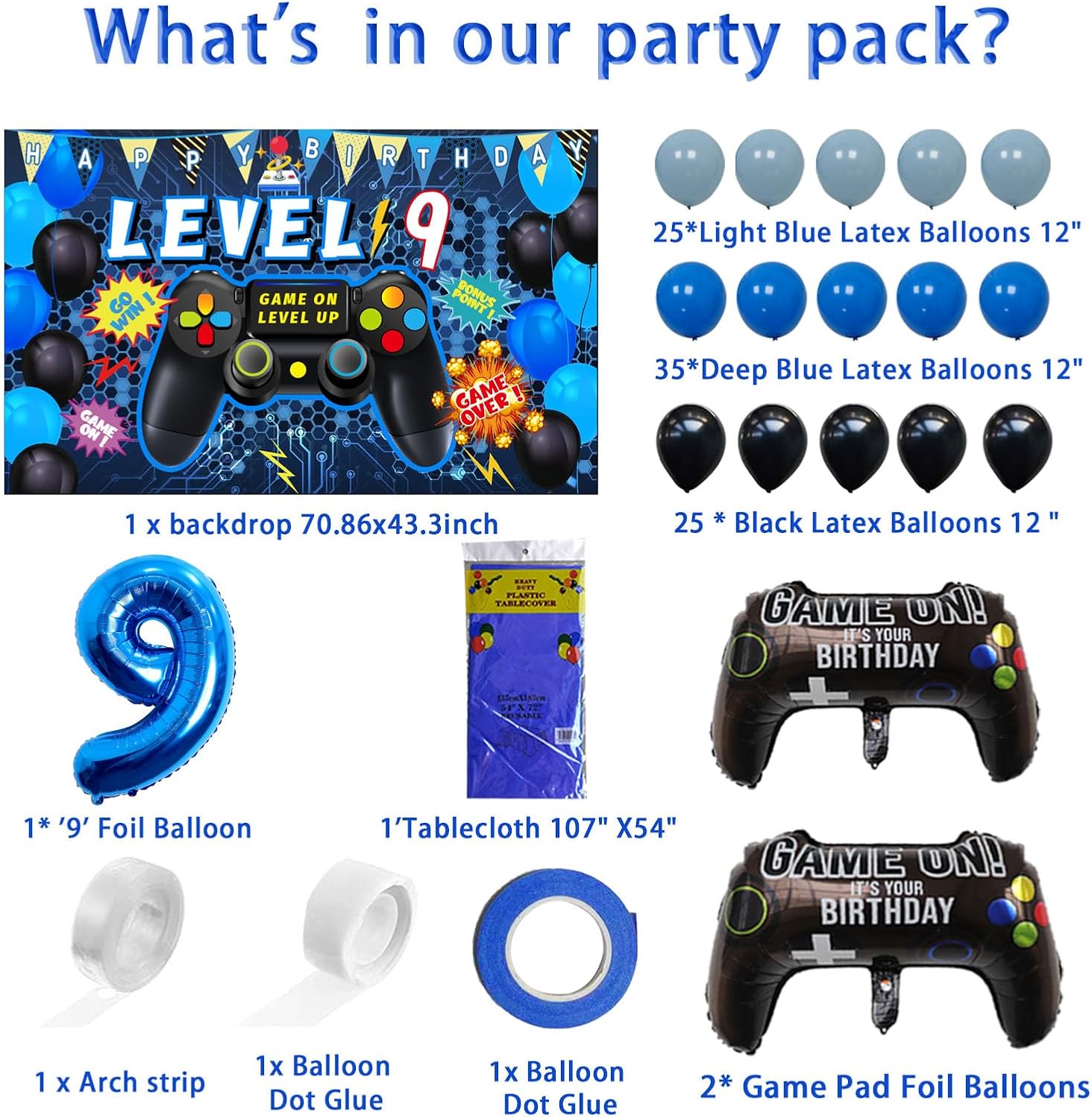 Vlipoeasn 90PCS Video Game Party Decorations for Boys Set Blue - 9th Birthday Supplies - Video Game Backdrop, Balloons, Tablecloth, Gamer and 9 Foil Balloons