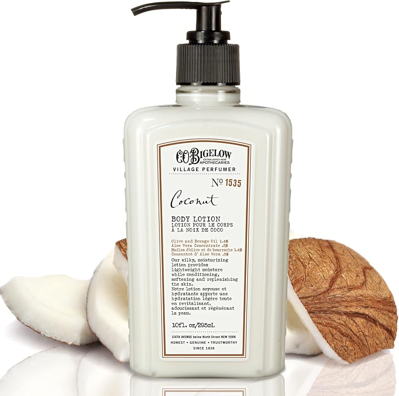 C.O. Bigelow Coconut Body Lotion, 10 fl oz | Village Perfumer Coconut Scented Body Cream with Aloe Vera, Borage Oil & Olive Oil - Leaves Skin Soft