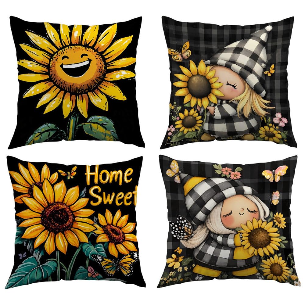 Cushion Covers 45X45 Black Cotton Linen Decorative Pillowcases With Invisible Zipper, Square Throw Pillow Covers For Sofa, Couch, Bedroom Or Outdoor Use,18X18 Inch Set Of 4
