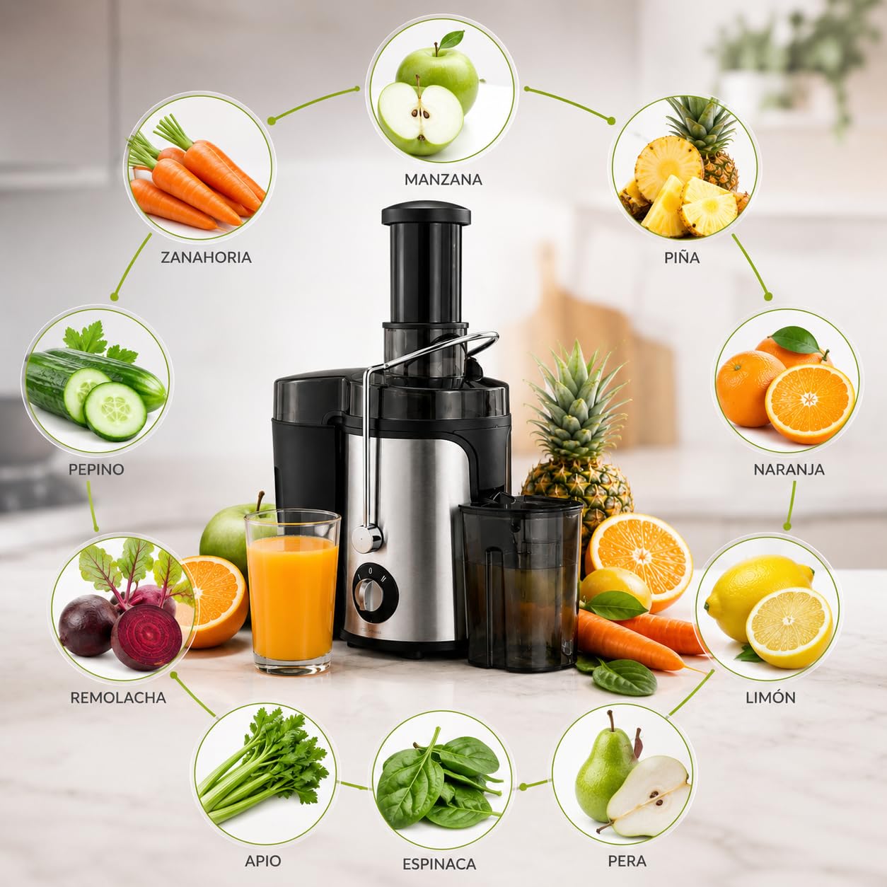 Exprimidor Eléctrico de Frutas y Verduras Licuadora Extractora de Jugos Centrífuga para Frutas Juicer 2 Velocidades Contenedor de Pulpa 1.2L Fácil limpieza Extractor de Jugos 400W Acero Inoxidable