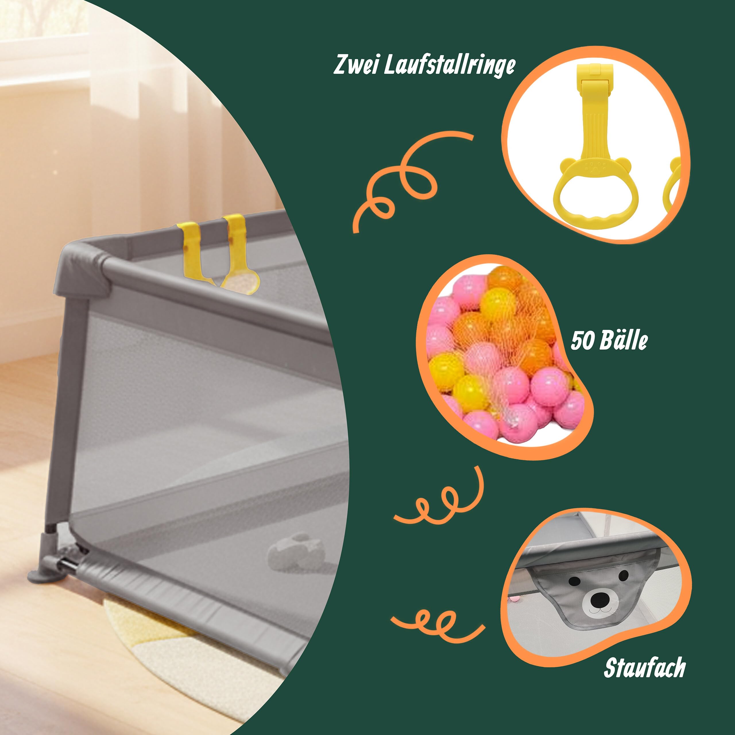 Relaxdays Laufstall Baby, 120 x 150 cm, Laufgitter, 50 Bällen, 2 Laufstallringe, sichere Spielecke, Oxford-Gewebe, grau