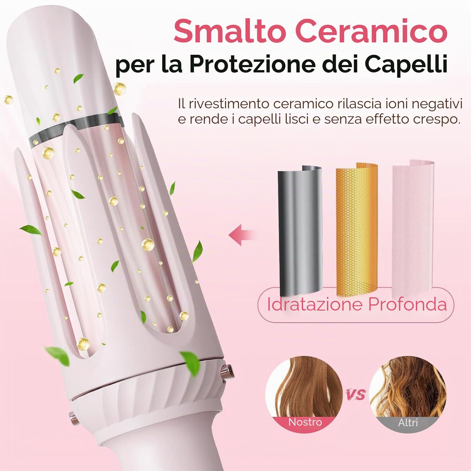 Ferro arricciacapelli automatico 3 in 1 rosa, rivestimento in ceramica ghiacciata, riscaldamento rapido 30 s, 5 temperature (160 ° C-200 °C), spegnimento auto 40 min, allarme acustico, rosa