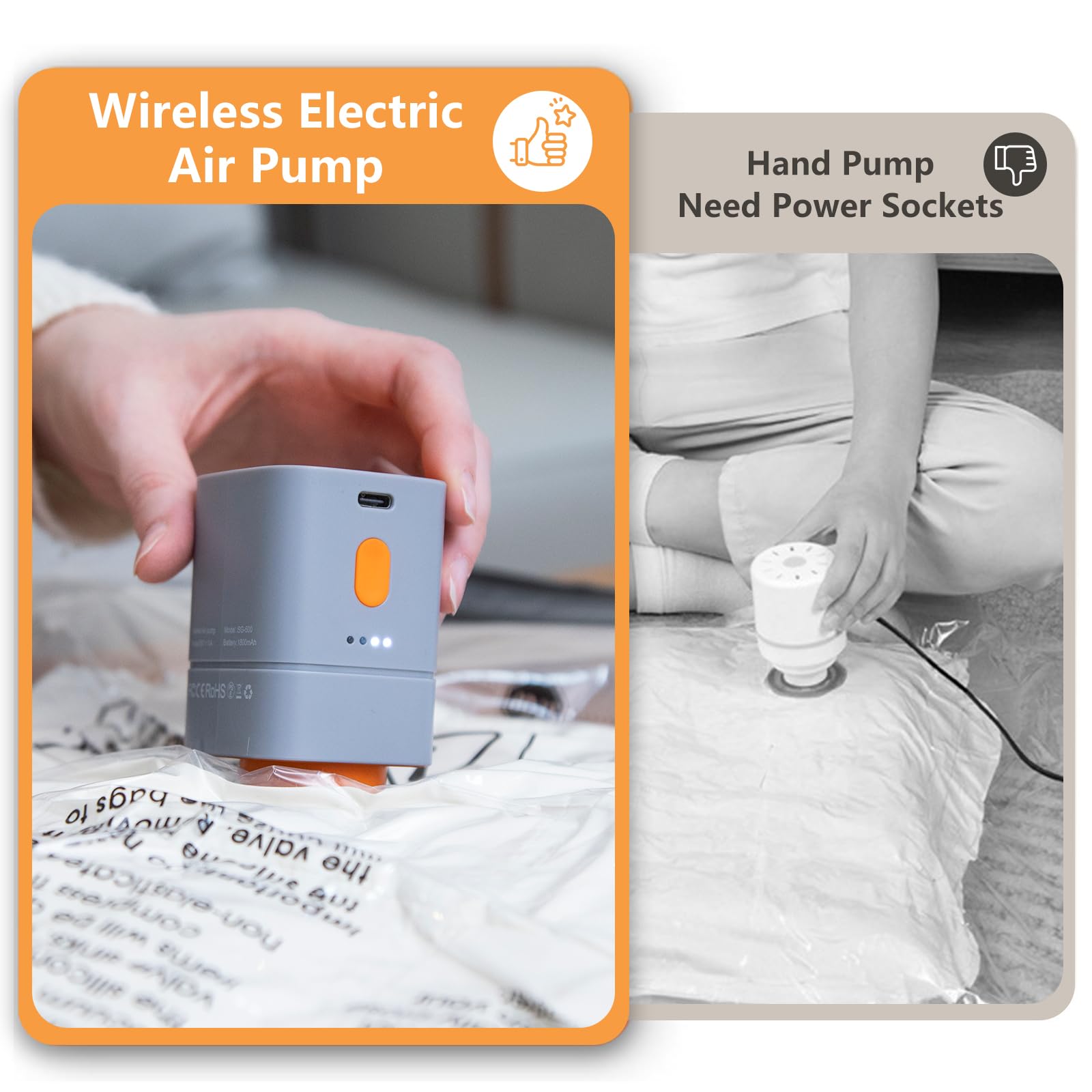 Kabellose tragbare Vakuumpumpe für Vakuumbeutel – 4500 PA Saugkraft, 25W, 1800mAh Akku, USB-C Ladung, kompakt & leistungsstark (grau/orange) – Ideal für Reise und Aufbewahrung