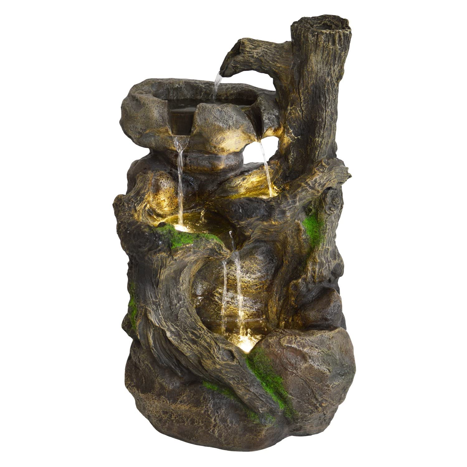 Solar Gartenbrunnen Brunnen Solarbrunnen Zierbrunnen Wasserfall Gartenleuchte Teichpumpe für Terrasse, Balkon, mit Pumpen, mit Liion-Akku & Led-Licht (BAUMWURZEL & Stein-Kaskade)