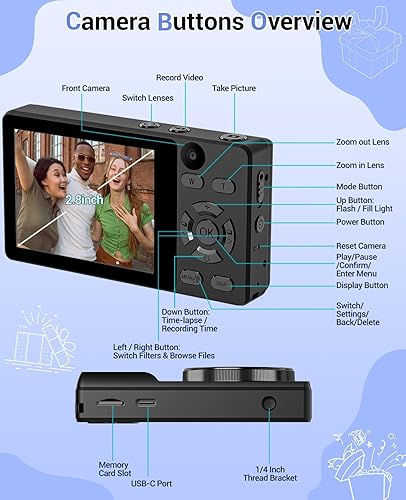 Miniatura 7 de 4K Digital Camera for Photography- 64MP Autofocus Vlogging Camera with Dual Lens, 18X Digital Zoom- Small Point and Shoot Camera with Card and Black