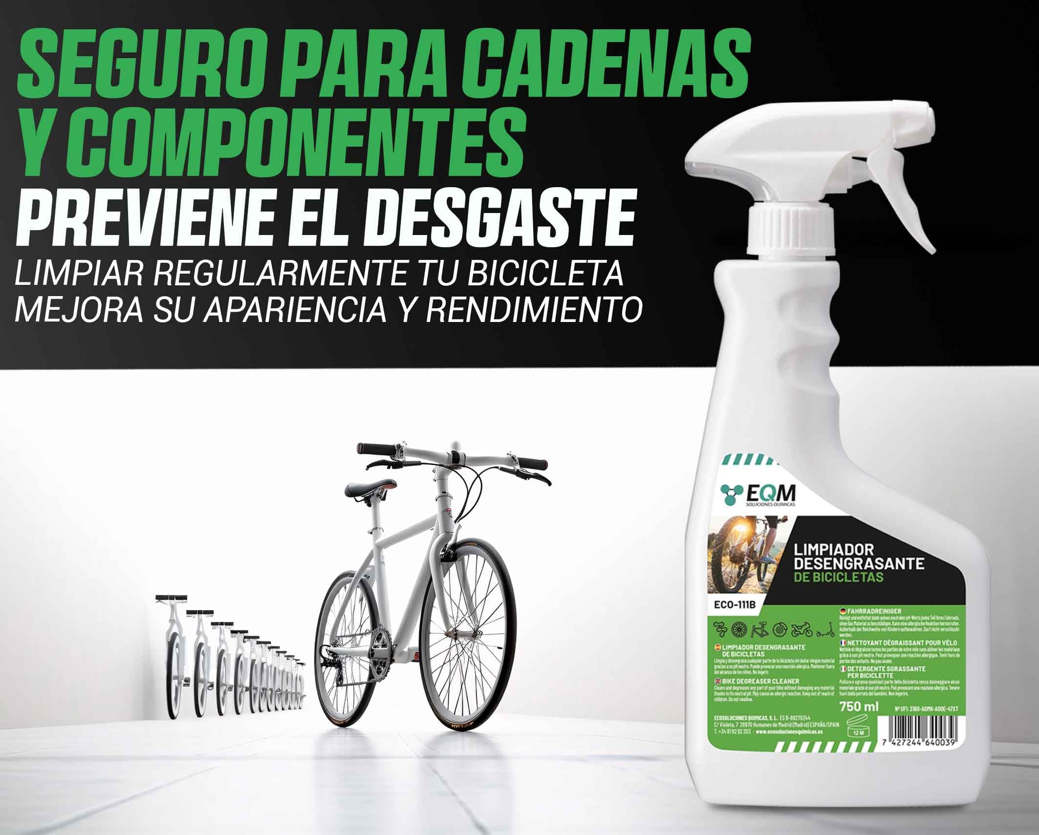 EQM - ECO-111B - Desengrasante Neutro para Bicicleta - 750 ML - Válido para Cualquier Material (Aluminio, Titanio, Acero, Anodizado, etc.) - Desengrasante de Cadenas