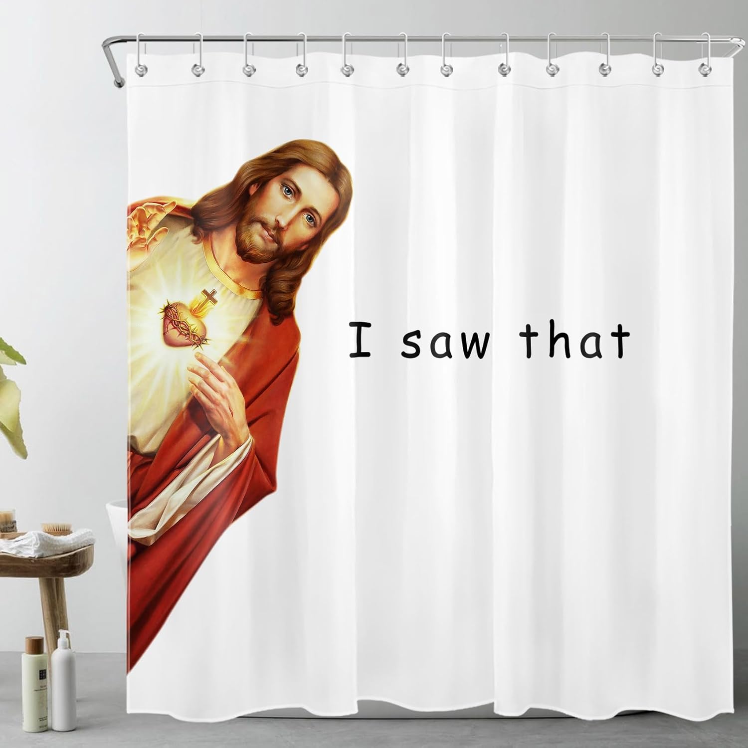 LB Jesus Christ Shower Curtain for Bathroom, Funny Quotes I Saw That on White Fabric Shower Curtain with Hooks, Modern Farmhouse Bathroom Curtains Shower Set, 72x78 inches