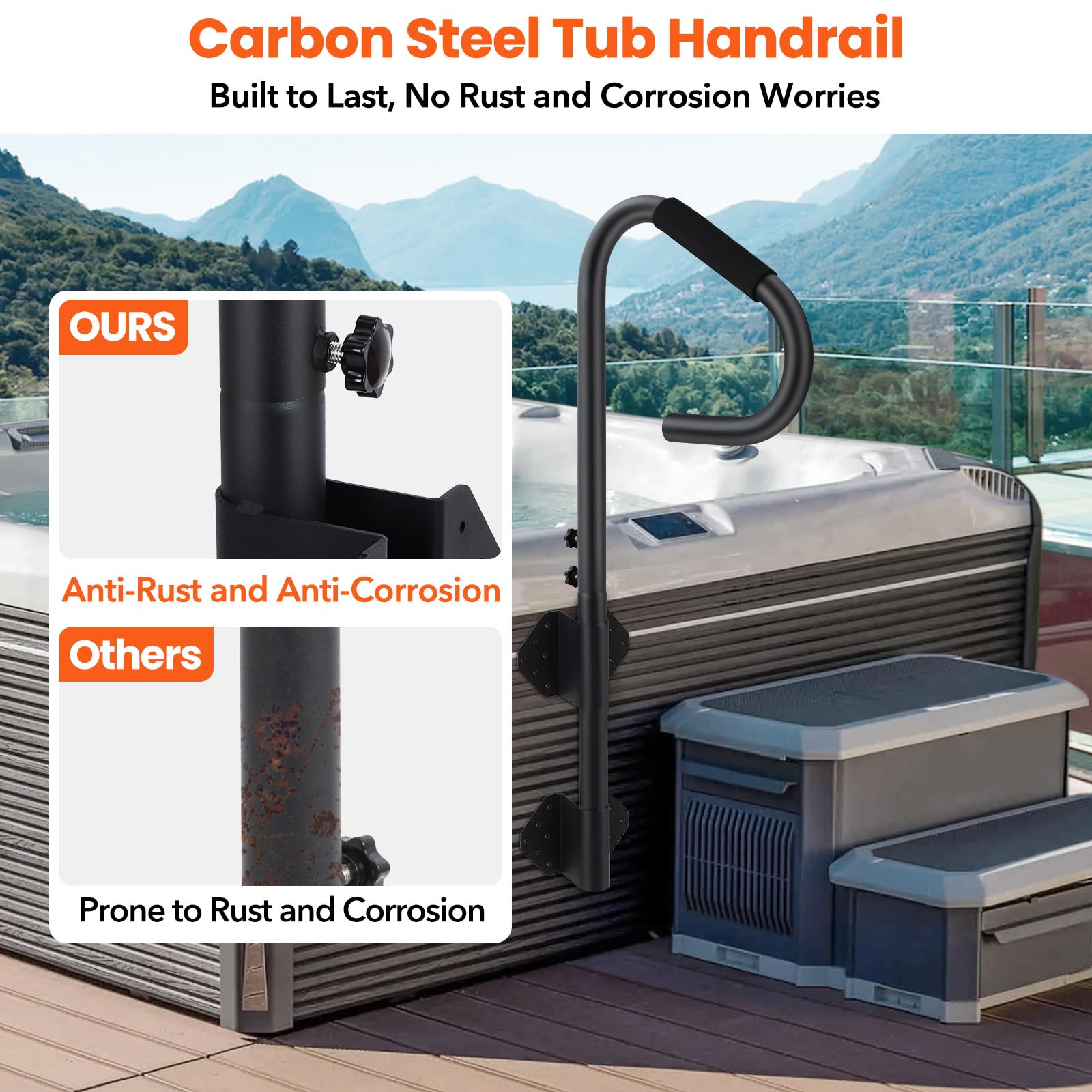 GarveeHome Whirlpool-Handlauf Mit, 360° Schwenkbar, Höhenverstellbar 46-122 cm, Spa-Geländer Mit Slide-Under Sockel & Rutschfestem Griff, Für Innen & Außen, Bis 272 kg Belastbar