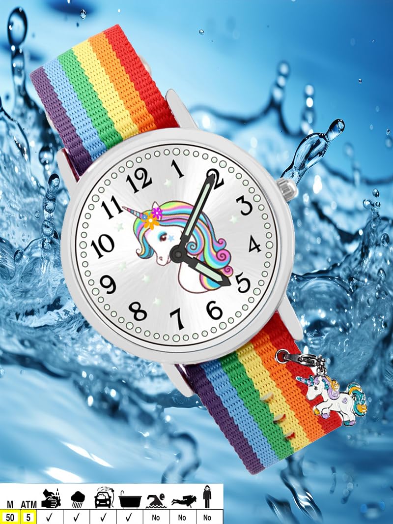 Geschenk Set Einhorn Armbanduhr Mädchen wasserdicht Bettelarmband 4 emaillierte Anhänger Unicorn Sammelbox Nylon Armband