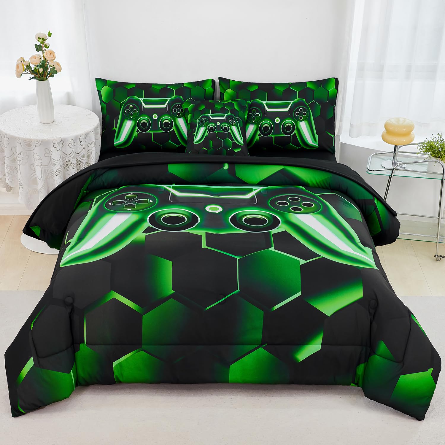 URBONUR Black Green Game Comforter Set Full Size for Boys Cool Tech Style Teen Room Decor 6Pcs Bed-in-a-Bag with Sheet Set Soft Lightweight Kids