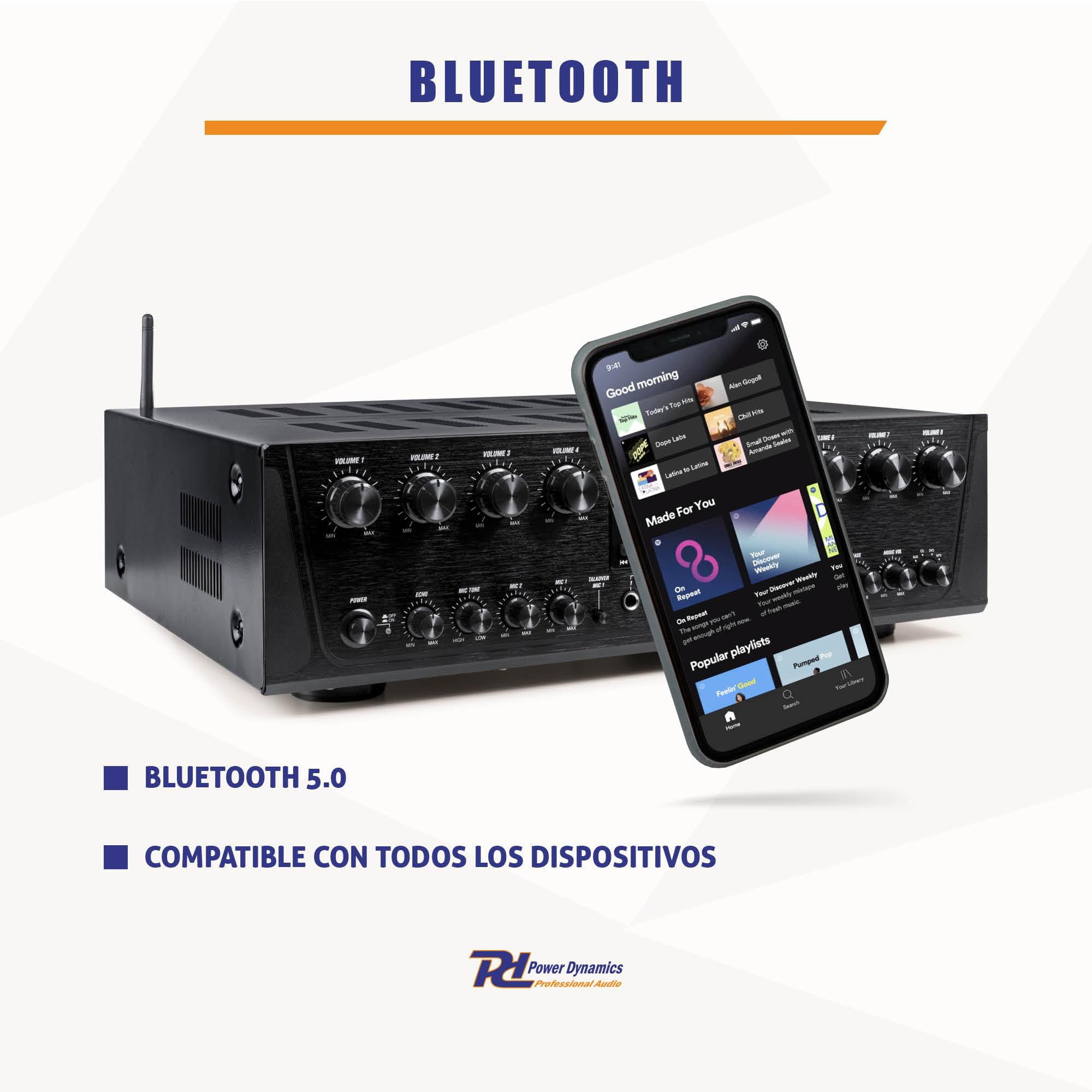 Power Dynamics PV280BT Amplificador de Audio multizona de 8 Zonas y 100 W, Amplificador multihabitación con Bluetooth, Reproductor MP3 USB/SD, Entrada óptica, Amplificador de Audio doméstico