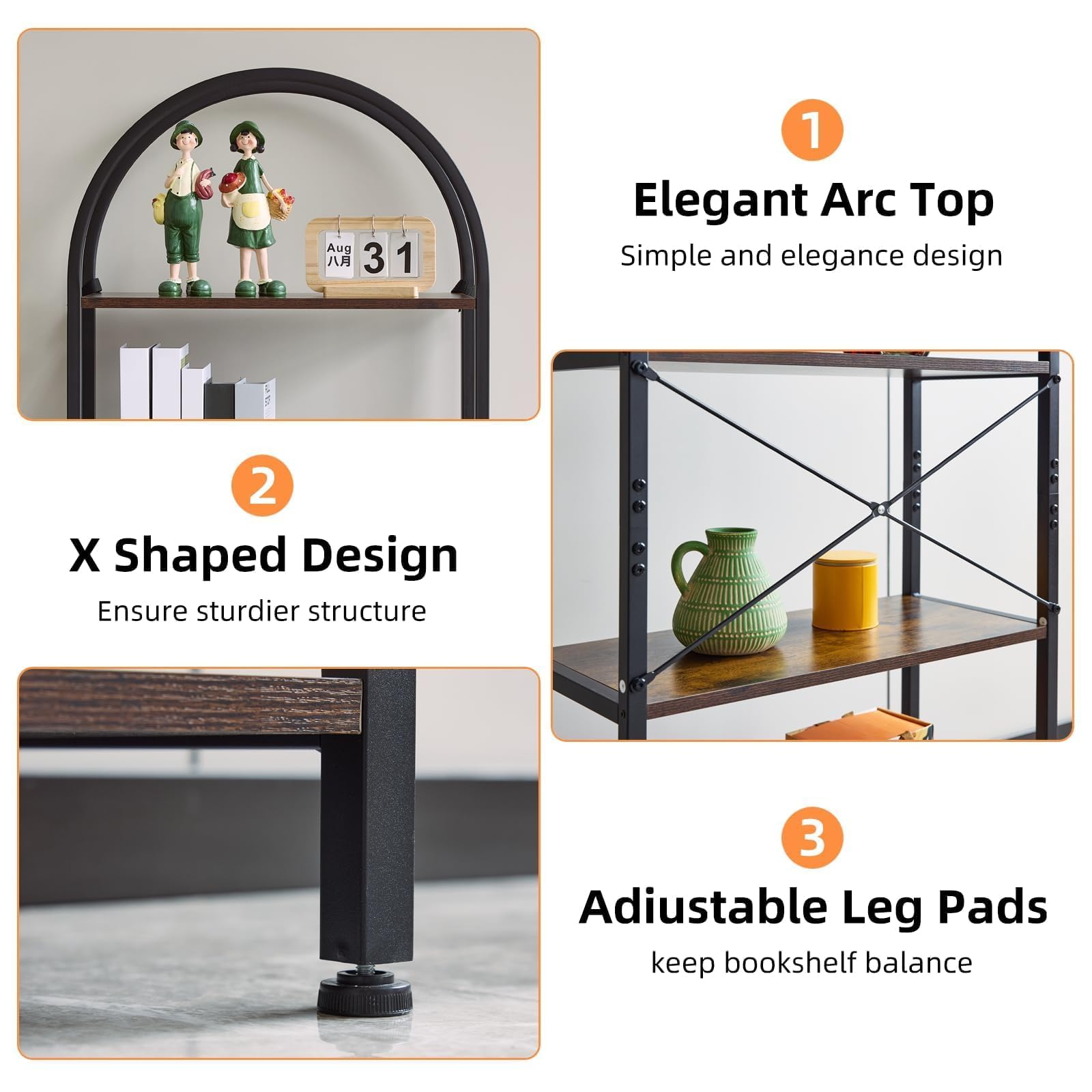 Libreria ad arco a 5 ripiani con metallo e – 60 x 28 x 180 cm scaffale per soggiorno, bagno e ufficio - marrone Display nd