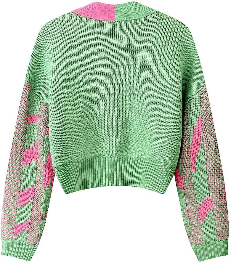 Pink and Green Color Block Cardigan for Women - Image 6