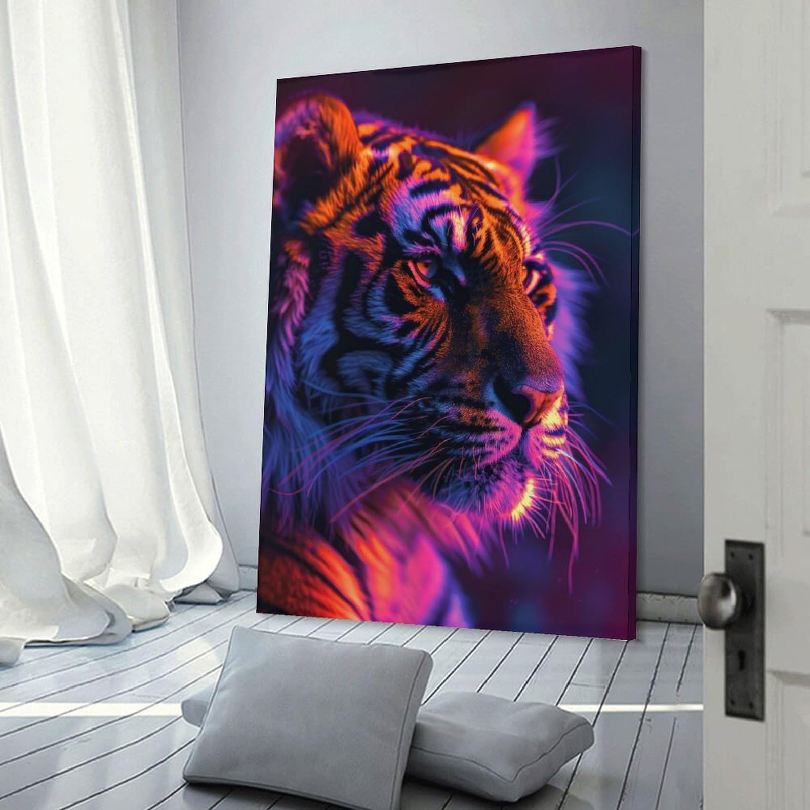 Junmoney Canvas Wall Picture Neon Tiger Portrait, 20x30inch(50x75cm), for Home Lounge, Bedroom Or Reading Nook, A Home Accent with Warm Character