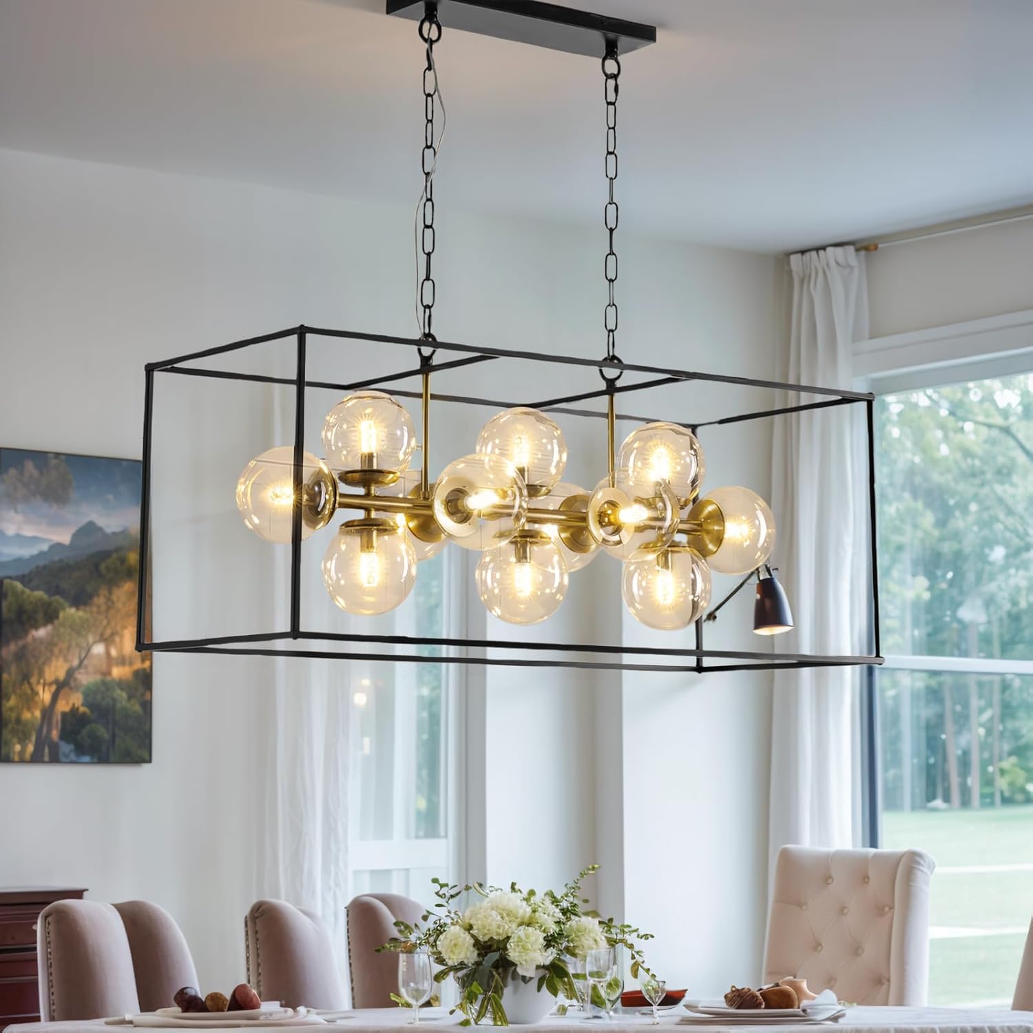 Siljoy 12 Lights Modern Bubble Chandelier Black Gold Rectangle Mid Century Sputnik Chandelier with Clear Glass Globe Farmhouse Pendant Ceiling Light for Dining Room Kitchen Island L38''
