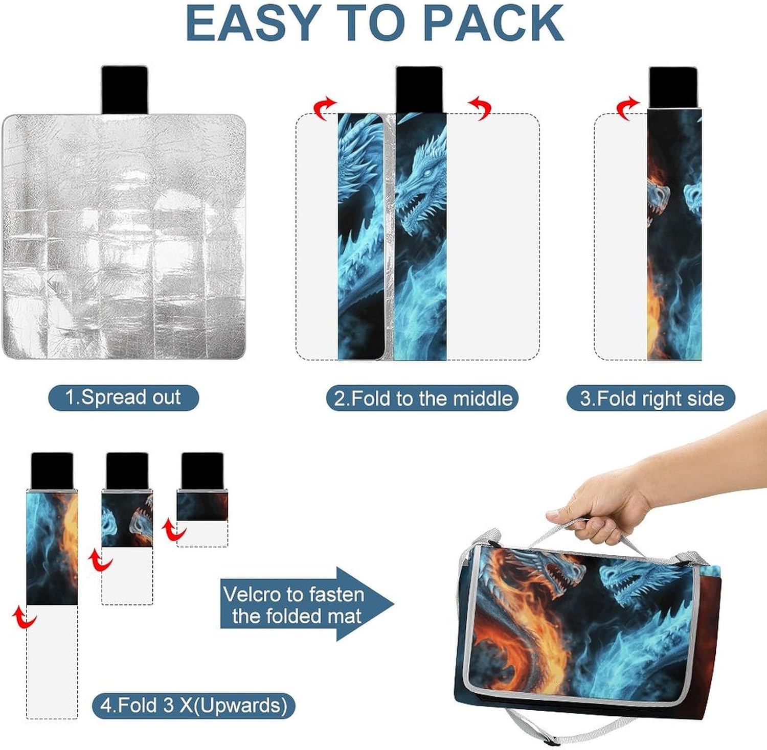 Outdoor Picnic Blanket,Ice and Fire Dragons Print Picnic Blankets,Large Beach Blanket Sand Free Foldable Portable Camping Blanket, 58.3x58.3