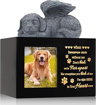 Pet Urns for Ashes, Large Wooden Pet Urns for Dog or Cat Ashes with Dog Angel, Memorial Keepsake Memory Box with Photo Frame, Loss Pet Sympathy Remembrance Gift Black