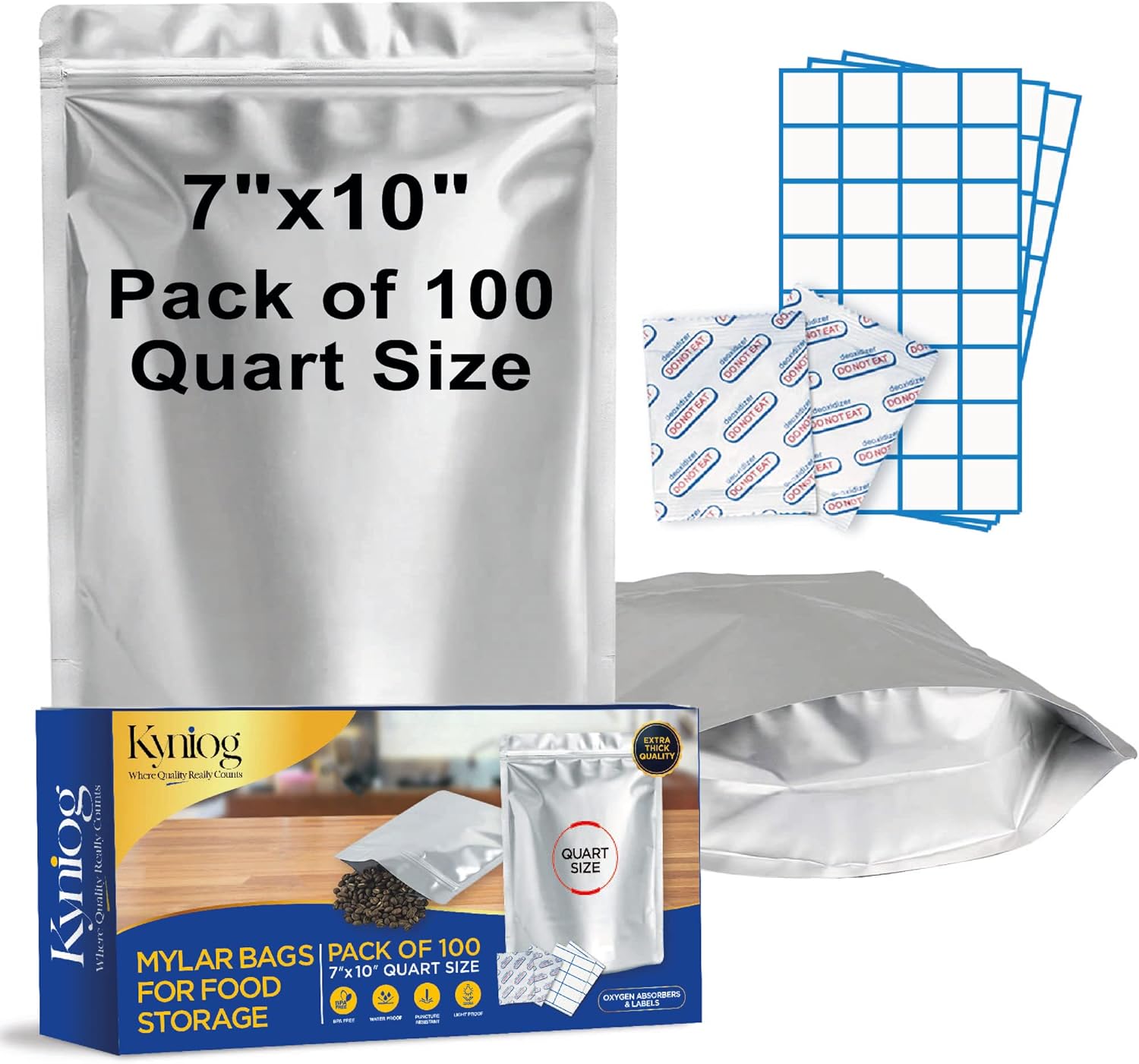 Pack of 100 Quart Mylar Bags for Food Storage 7"x10" Mylar Ziplock