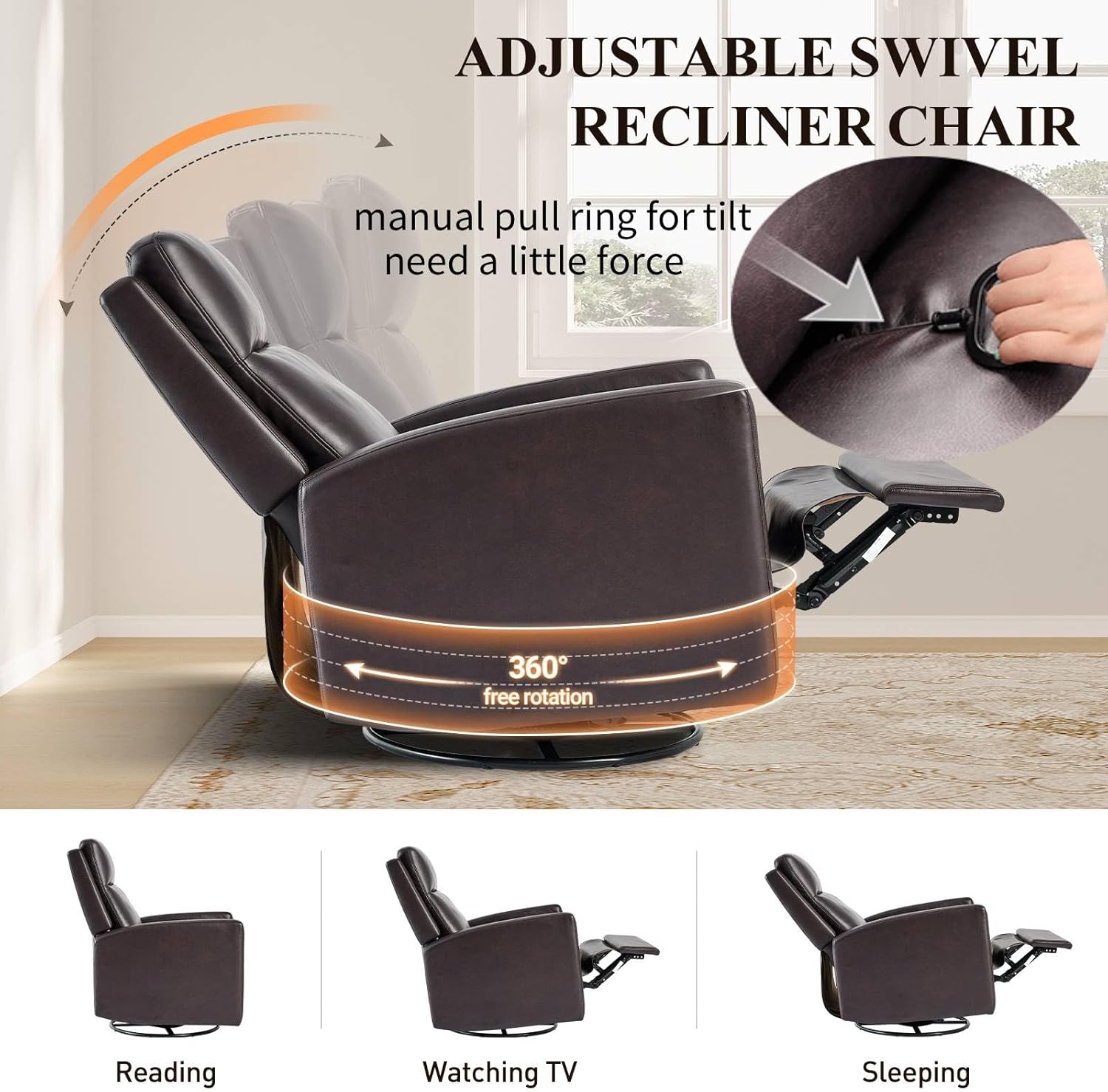 Leather Recliner Chair for Adults, Swivel Rocker Recliner for Small Spaces, Wide Glider Rocking Nursery Chair with Ergonomic High Backrest, for Home Living Room, Office, Bedroom（Chocolate Brown）