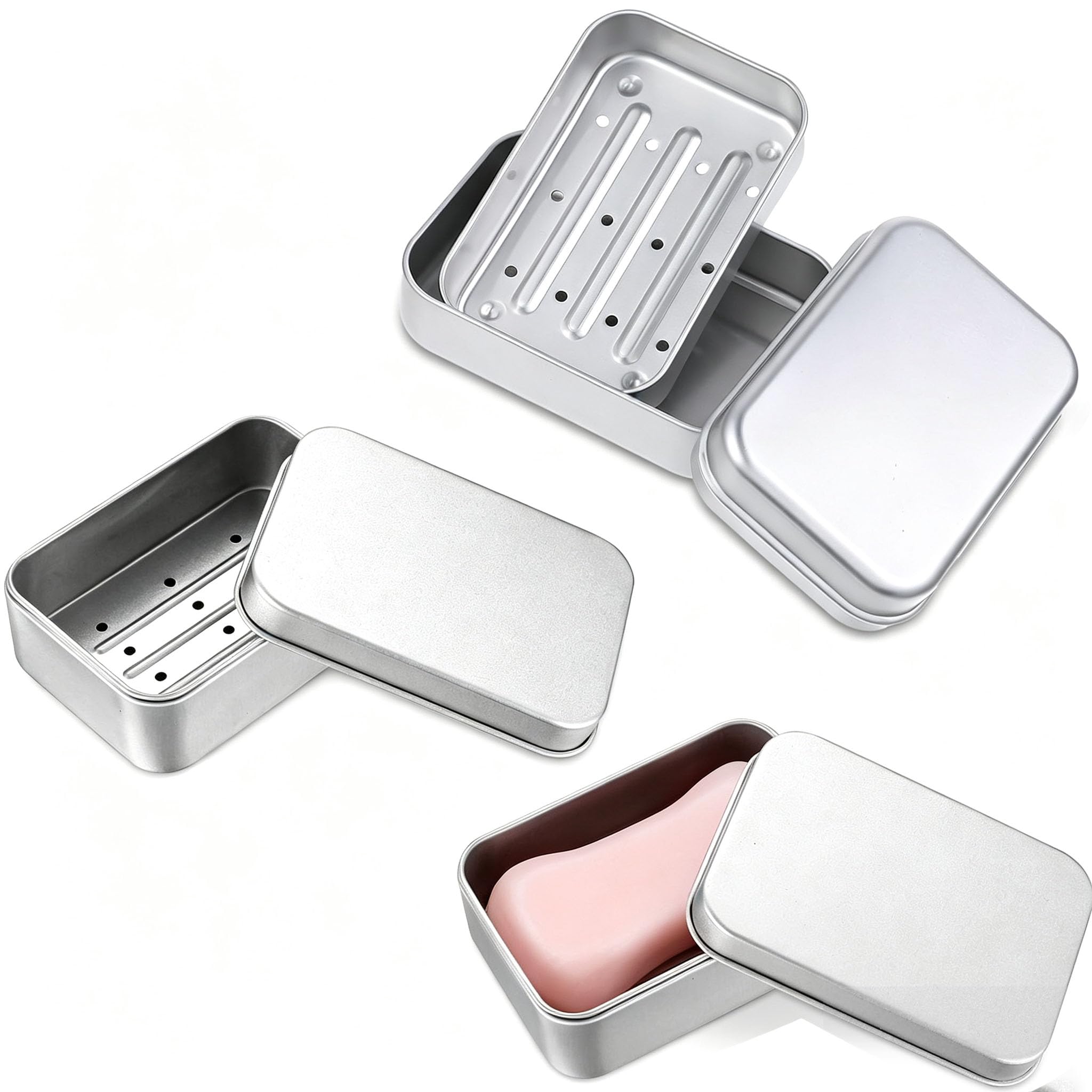 3 Pack Aluminum Soap Tins with Lid – 9.6x6.8x3cm Portable Soap Box, Removable Draining Soap Dish Holder for Travel, Gym, Dormitory, Home, Bathroom (Silvery)