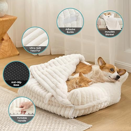 Miniatura 6 de Bonita cama para gatos con funda extraíble, sofá multifuncional de piel sintética de felpa para mascotas con manta, muebles ultra suaves para