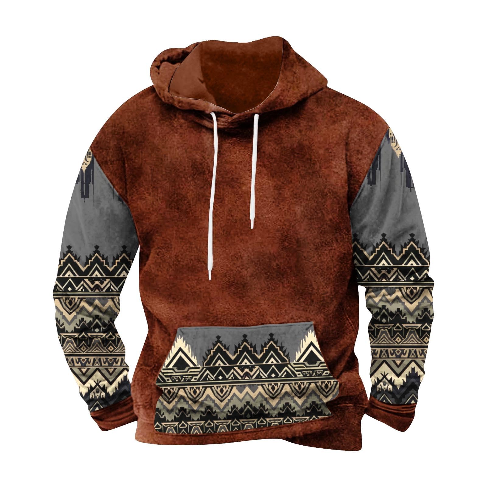 Men's Sports Hip Hop Pullover Hoodies Retro Geometric Print Hoodie Sweatshirt Fashion Outdoor Patchwork Top Long Sleeve Hoody Casual Tops