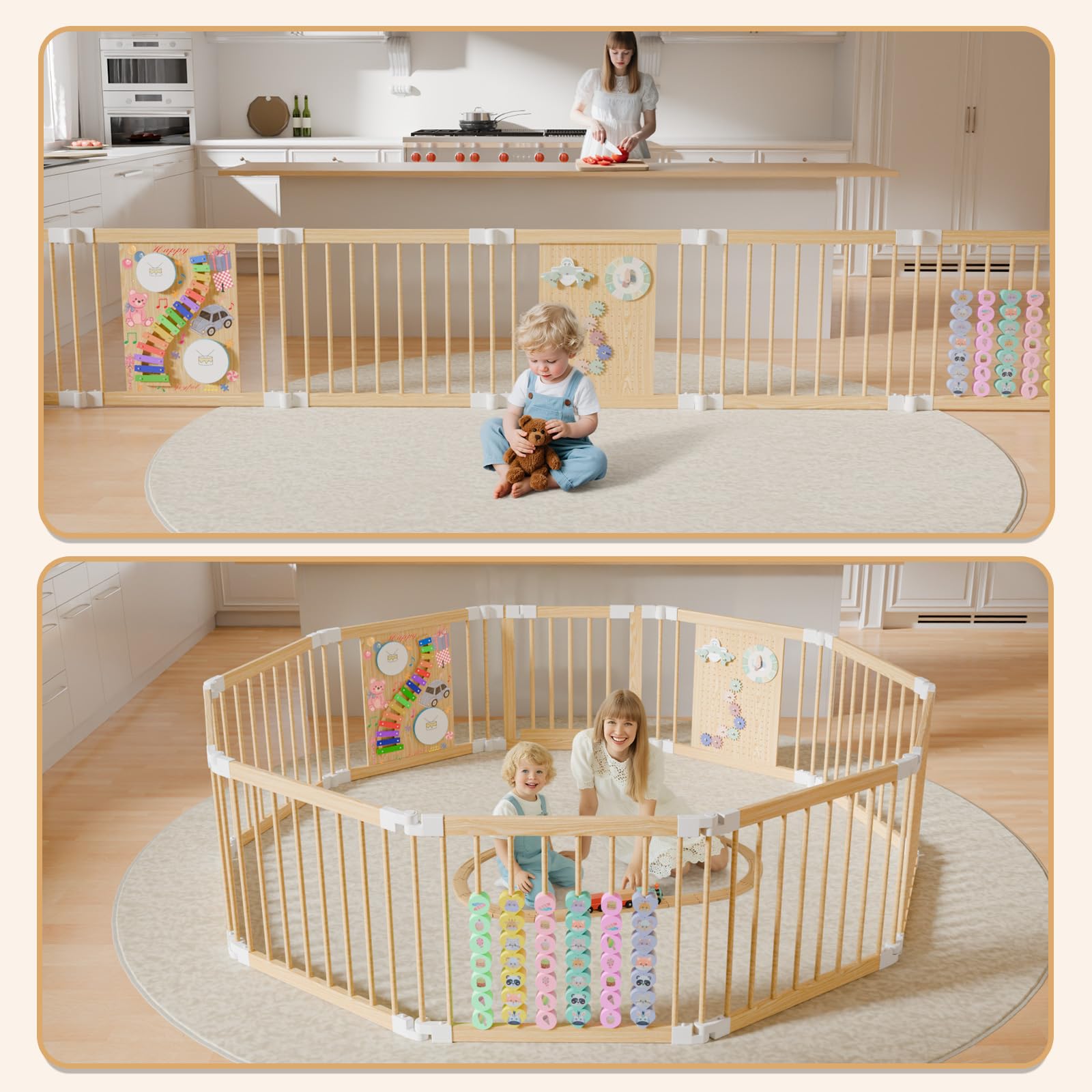Laufstall Baby mit Spielzeug - Faltbares Laufgitter Baby aus Holz mit Tür & Sicherheitsverschluss, individuell formbarer Krabbelgitter & Absperrgitter(145 * 216 * 61 cm)